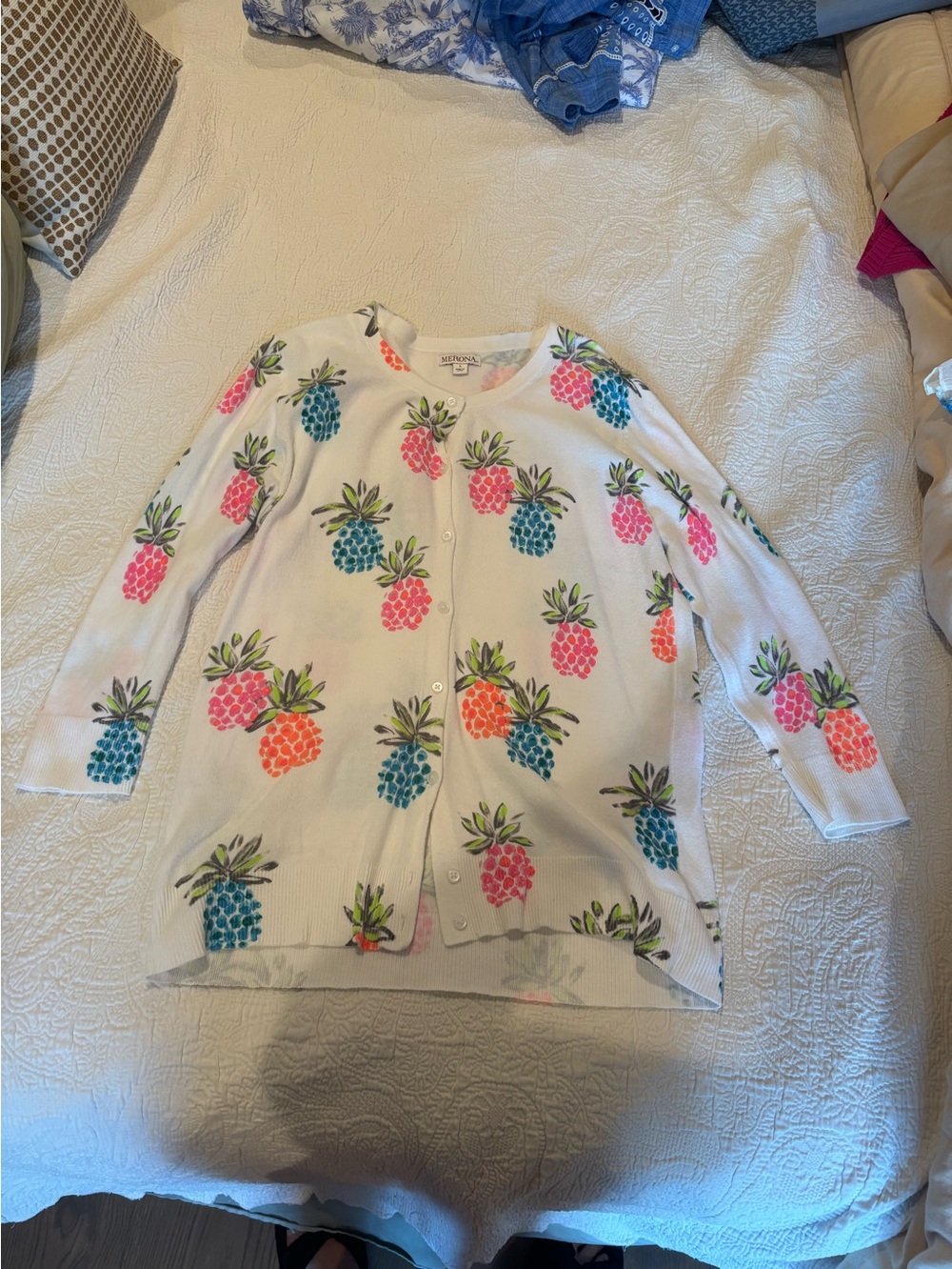 Merona White Cardigan with Pink, Orange & Blue Pineapple Print